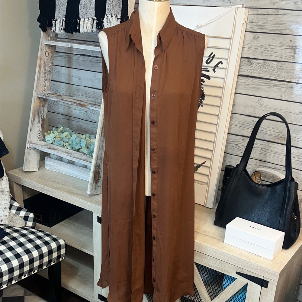 New York & Co Chic Sleeveless Brown Button-Up Tunc  Maxi Top